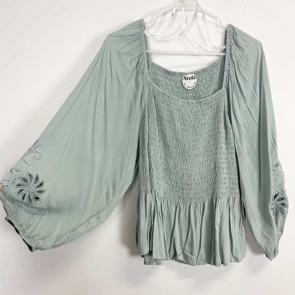 Arula Blouse Womens 1X Green Balloon Sleeve Embroidered Smocked Peasant Boho NWT - Picture 2 of 10